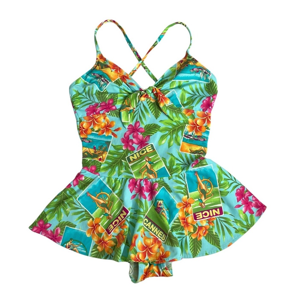 Vintage 90s Kathy Ireland Swimsuit 14 Skirted One Piece Pinup Nautical Tropical